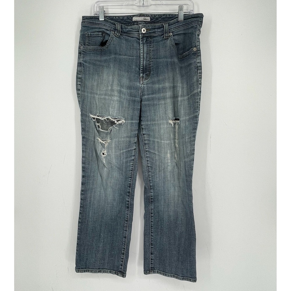 Chico's Women's Blue Distressed Edgy Straight Leg Denim Jeans Size 2.5 Short 14P